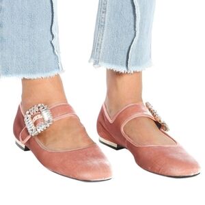 Roger Vivier Pink Velvet Crystal Buckle Mary Jane Flats Size 37